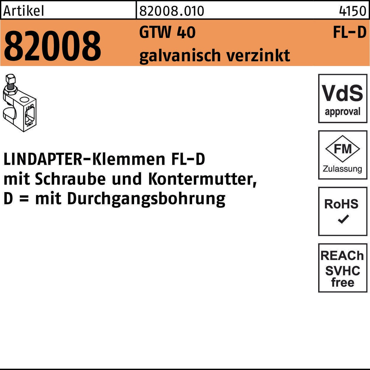 LINDAPTER Klemmen R 82008 GTW 40 FL-D – Galvanisch verzinkt, mit Schraube & Kontermutter