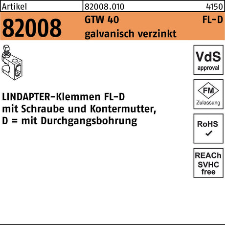 LINDAPTER Klemmen R 82008 GTW 40 FL-D – Galvanisch verzinkt, mit Schraube & Kontermutter