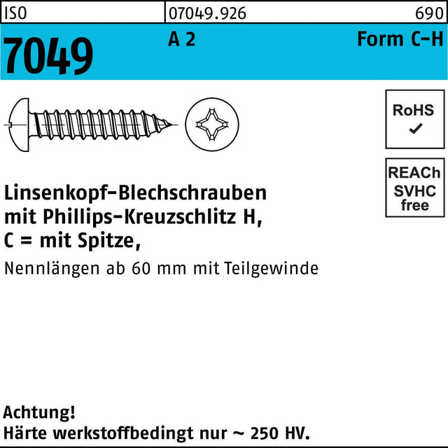 F. REYHER Linsenkopf-Blechschrauben ISO 7049 A2 Edelstahl 5,5x60 mm 100 Stück