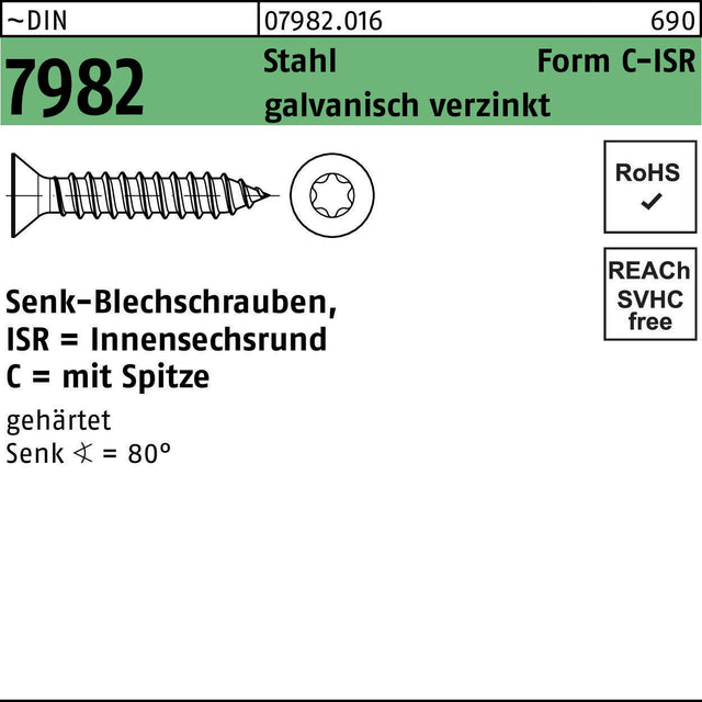 Senkblechschraube DIN 7982 ISR/Spitze 3,5x25 -C-T15 Stahl galv.verz. 500St. von F. REYHER Nchfg. GmbH & Co. KG