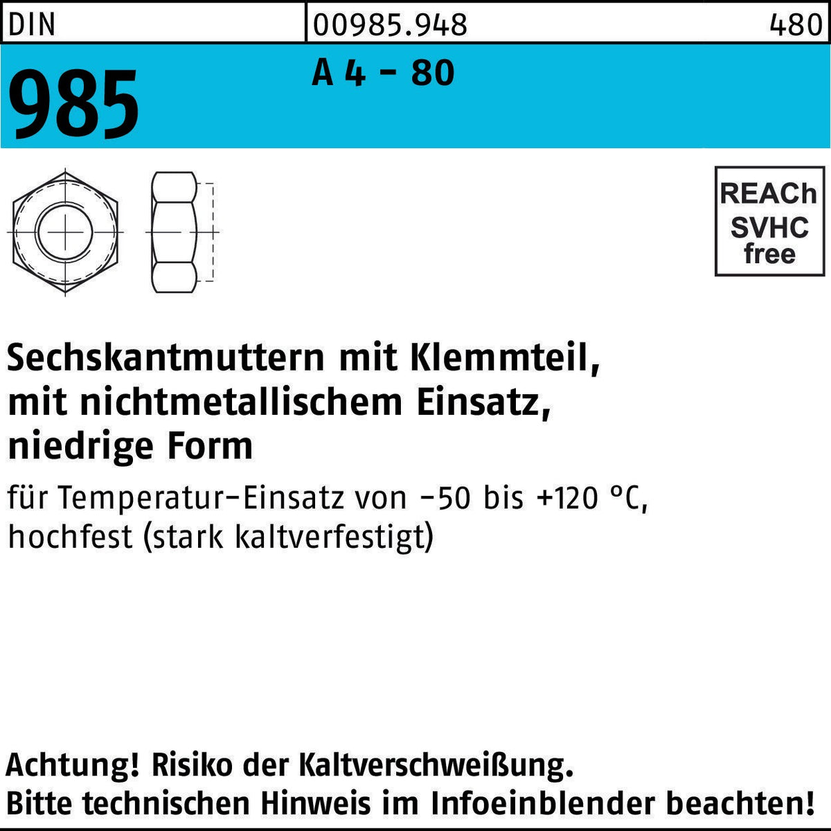 Sechskantmutter DIN 985 Klemmteil M8 A4-80 von F. REYHER – 500 Stück