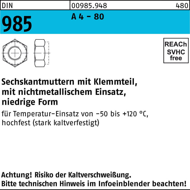 Sechskantmutter DIN 985 Klemmteil M8 A4-80 von F. REYHER – 500 Stück