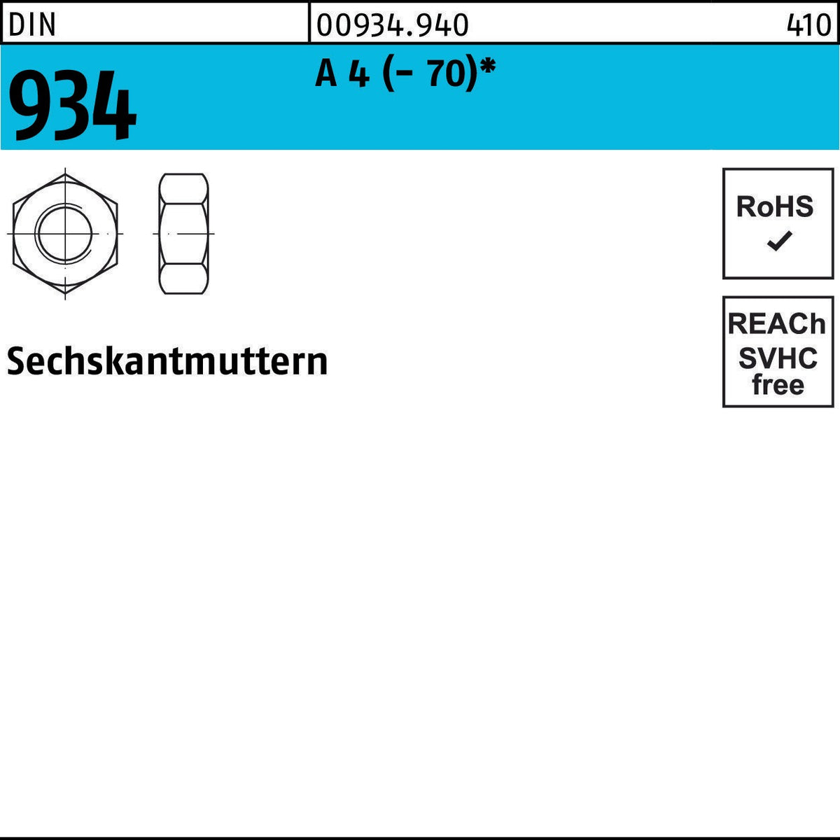 F. REYHER Sechskantmutter DIN 934 M2 A4-70, 1000 Stück, Edelstahl