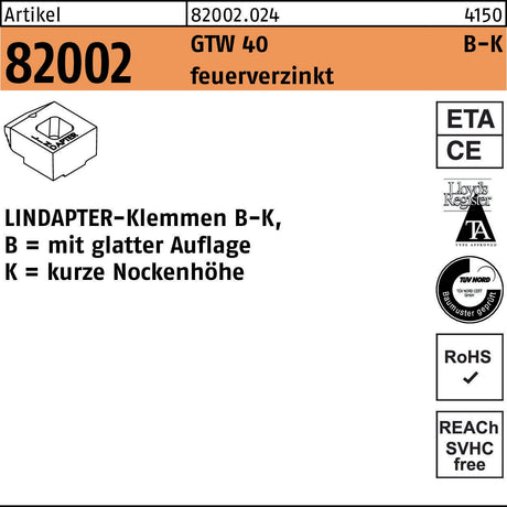 LINDAPTER Klemmen B-K GTW 40, 10 mm, galvanisch verzinkt