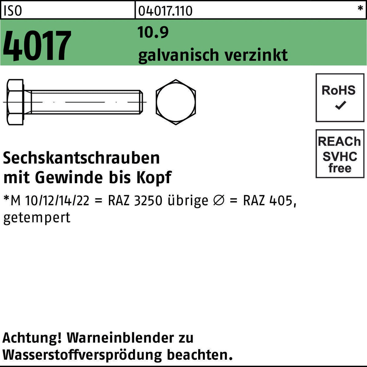 BUFAB Sechskantschraube ISO 4017 M16x220 10.9 galvanisch verzinkt