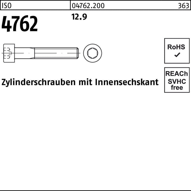 F. REYHER Zylinderschraube ISO 4762 Innensechskant M12x360 mm Festigkeit 12.9