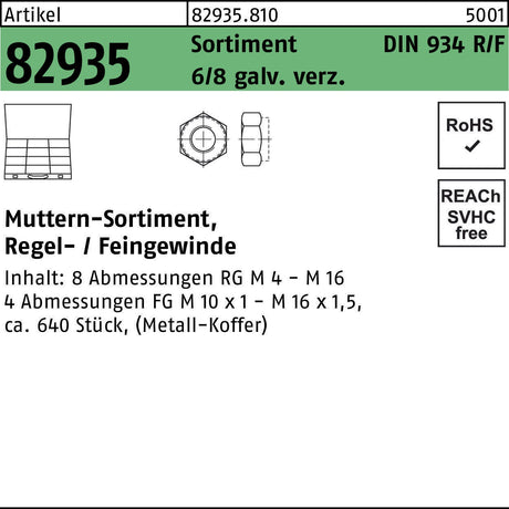 F. REYHER Muttern-Sortiment DIN 934 640-teilig galvanisch verzinkt Regel- und Feingewinde
