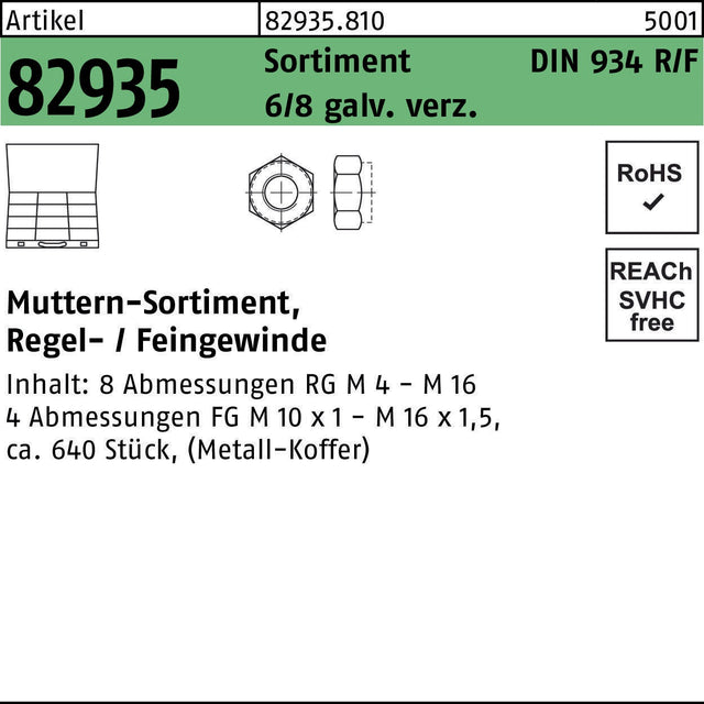 F. REYHER Muttern-Sortiment DIN 934 640-teilig galvanisch verzinkt Regel- und Feingewinde