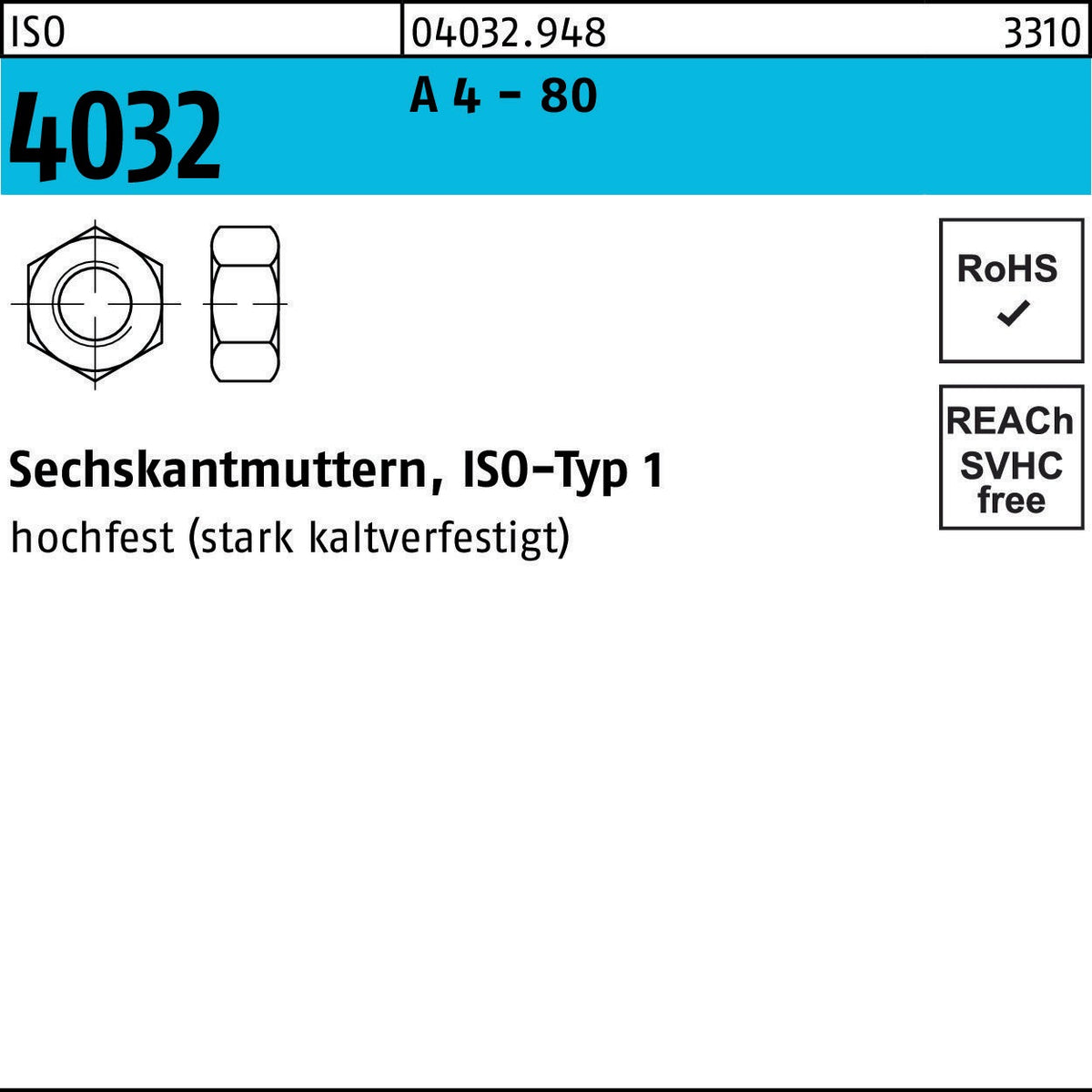 Sechskantmuttern ISO 4032 M16 8 von BUFAB – 200 Stück, Sechskantmuttern ISO-Typ 1, Festigkeitsklasse 8