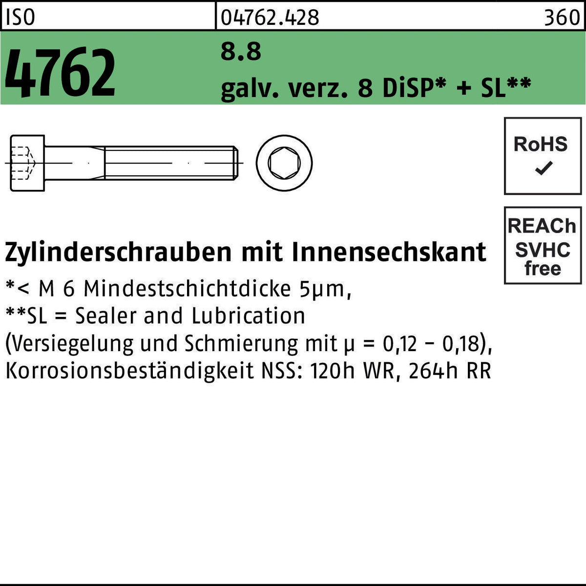 F. REYHER Zylinderschraube ISO 4762 Innensechskant M5x30 10.9 zinklamellenbeschichtet 500 Stück
