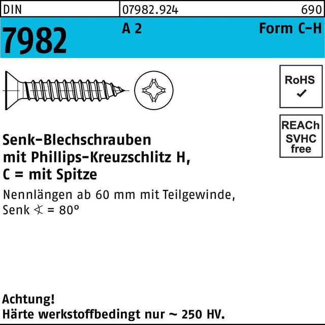 F. REYHER Senkblechschraube DIN 7982 PH/Spitze C 2,2x6,5-H A2