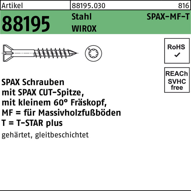 SPAX SPAX-MF-T Schraube 3,5x45/25-T10 Stahl WIROX 500 Stück für Massivholzböden