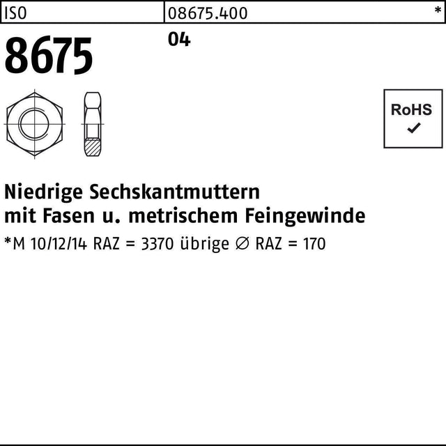 Sechskantmutter ISO 8675 mit Fasen M8x1 Automatenstahl 100 Stück von REYHER