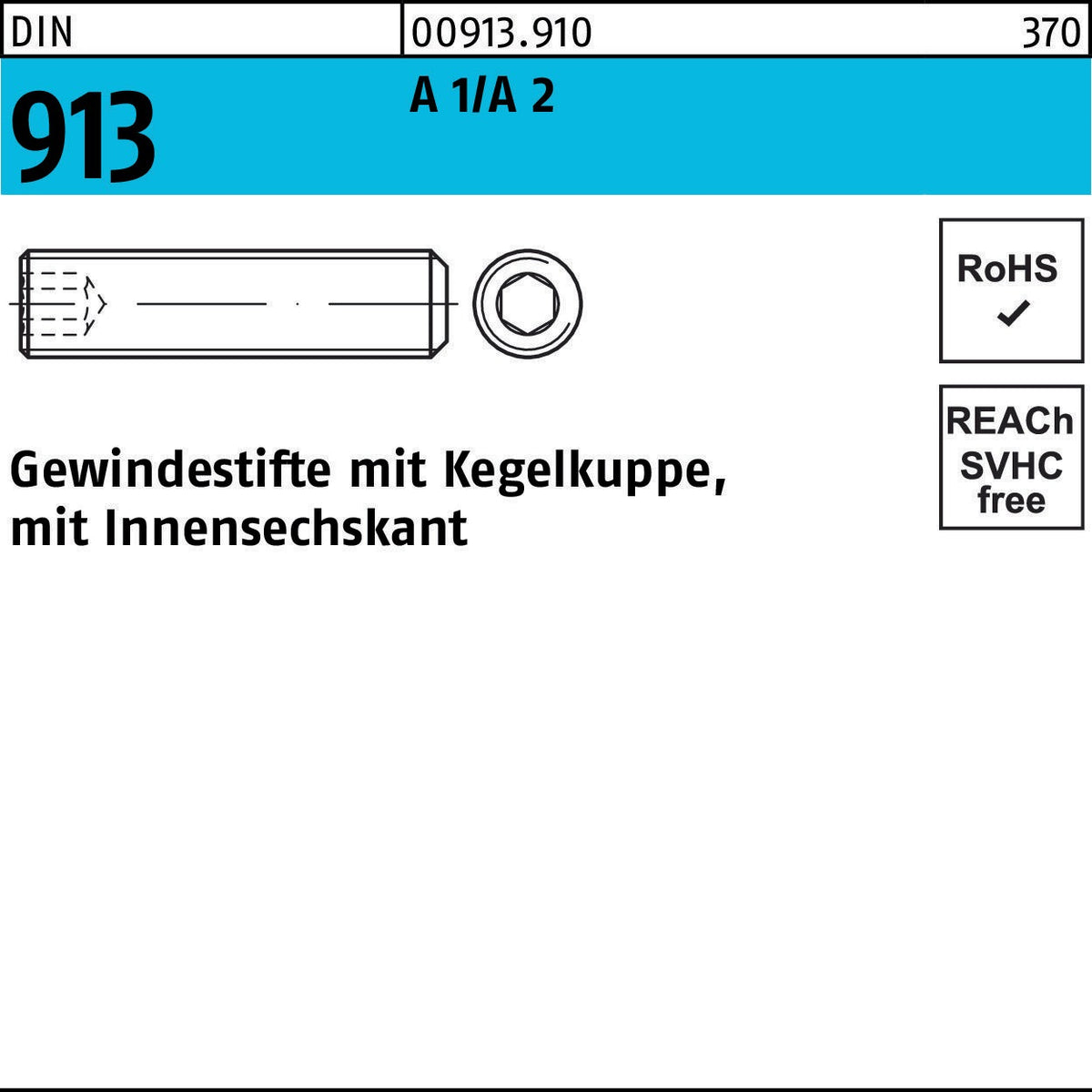 F. REYHER Gewindestift DIN 913 Kegelkuppe Innensechskant M2x2 mm A1/A2 500 Stück