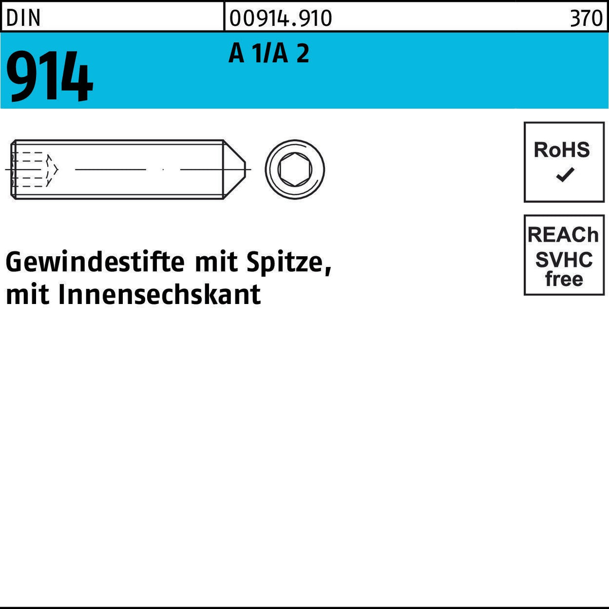 F. REYHER Gewindestift DIN 914 mit Spitze & Innensechskant M4x30 A1/A2