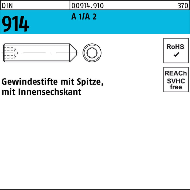 F. REYHER Gewindestift DIN 914 mit Spitze & Innensechskant M4x30 A1/A2