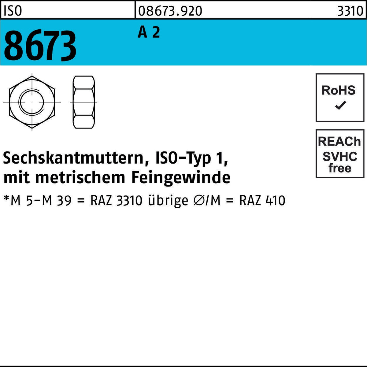 F. REYHER Sechskantmutter ISO 8673 M6x0,75 A2 – 100 Stück, Edelstahl, Feingewinde