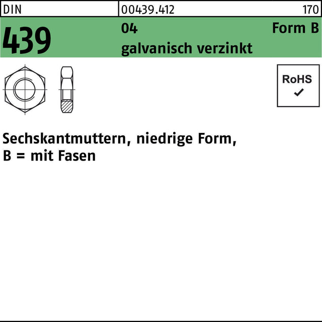 F. REYHER Sechskantmutter DIN 439/ISO 4035 Form B M20 verzinkt 50 Stück