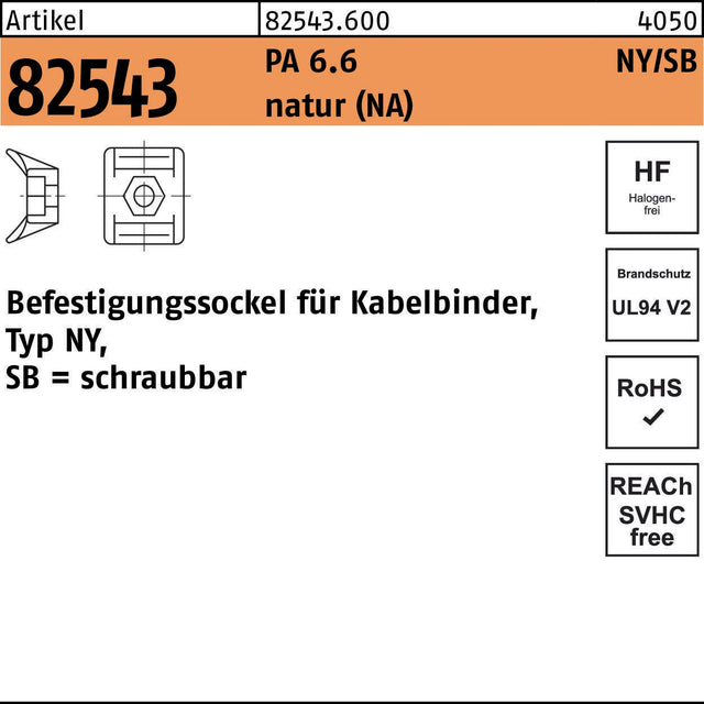 HELLERMANNTYTON Befestigungssockel R 82543 für Kabelbinder Typ NY/SB, PA 6.6