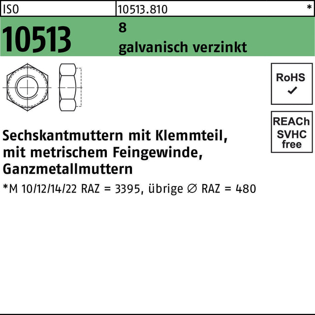 F. REYHER Sechskantmutter ISO 10513 mit Klemmteil M8x1, 8 galvanisch verzinkt