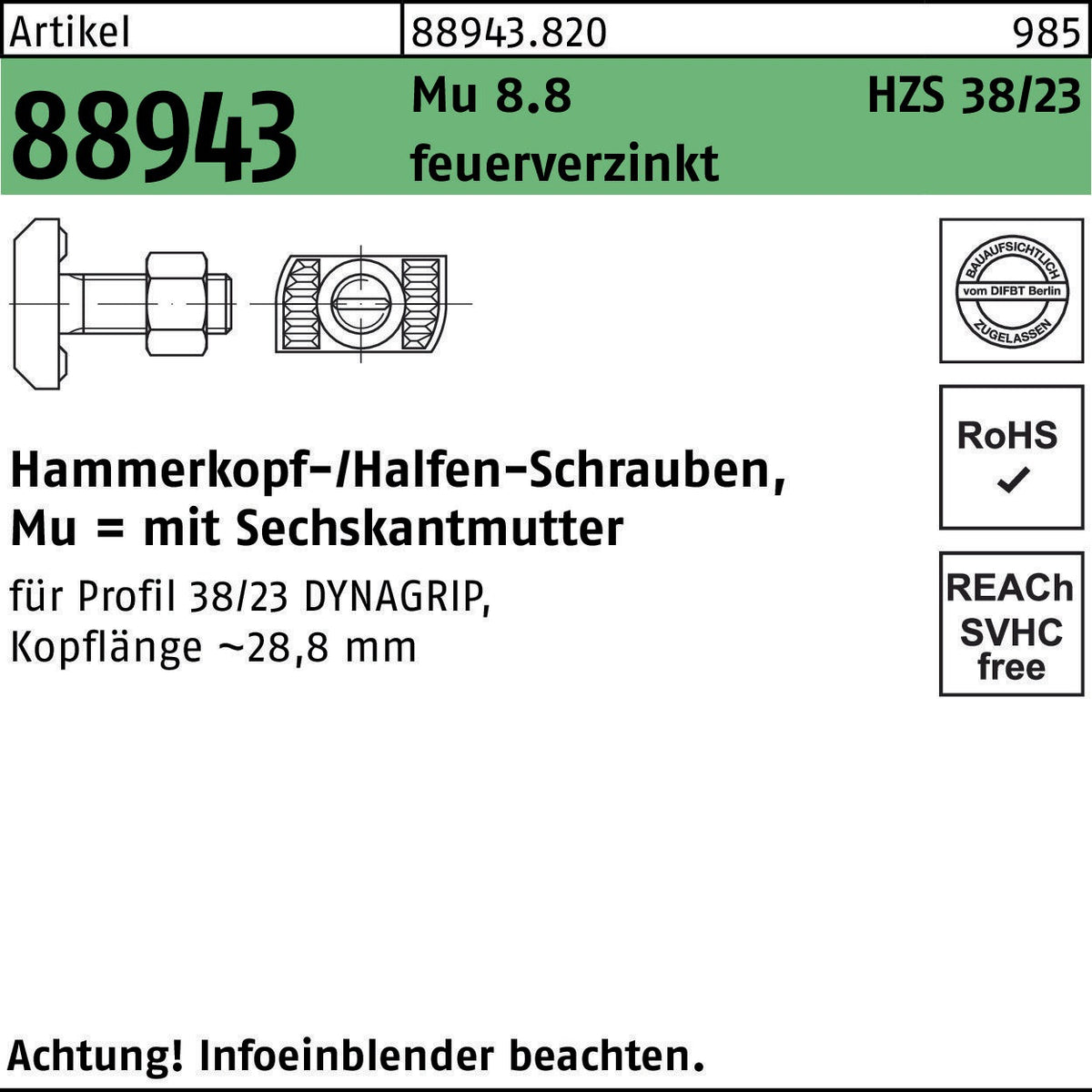 HALFEN Hammerkopfschraube M16x80 mm Mu 8.8 galvanisch verzinkt