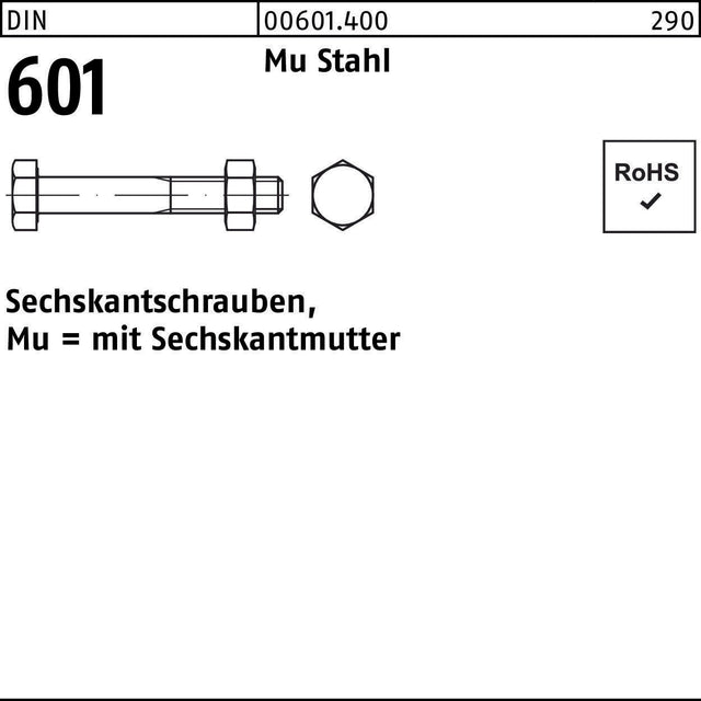 F. REYHER Sechskantschraube DIN 601 M10x30 mit Sechskantmutter, Stahl 4.6