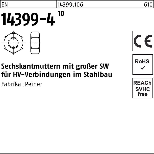 PEINER Sechskantmutter EN 14399-4 M12 10 – HV-Verbindungen im Stahlbau