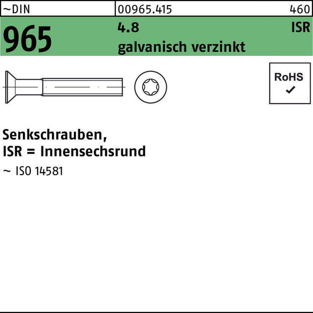 F. REYHER Senkschraube DIN 965 ISR M6x50 T30 4.8 galvanisch verzinkt