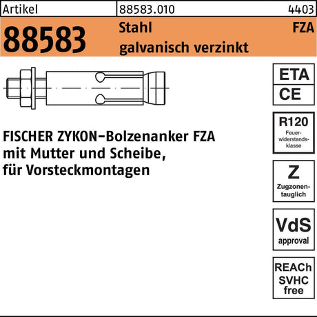 FISCHER ZYKON-Bolzenanker FZA 22x125 M16/60, Stahl galvanisch verzinkt