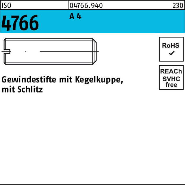 F. REYHER Gewindestift ISO 4766 Kegelkuppe Schlitz M5x12 A4 25 Stück