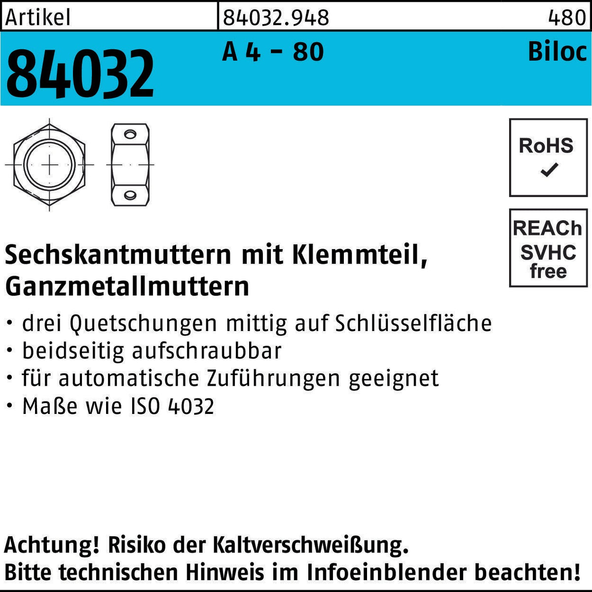 Sechskantmutter R 84032 Biloc Klemmteil M5 von REYHER – 1000 Stück, galvanisch verzinkt