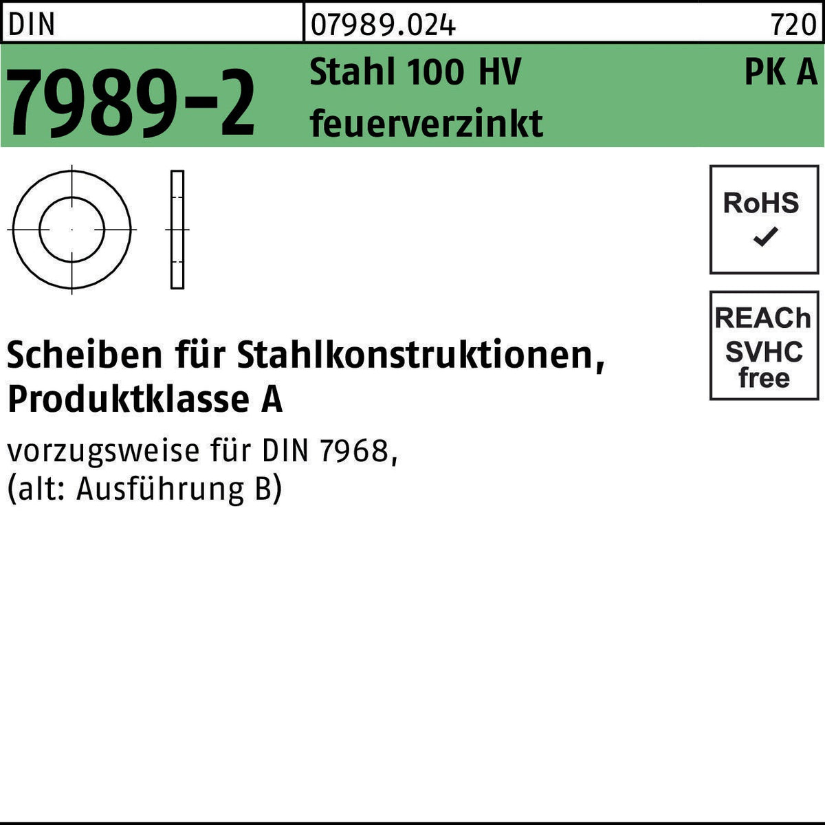 F. REYHER Unterlegscheibe DIN 7989-1 PK C 10/11 x 20 x 8 mm Stahl 100 HV