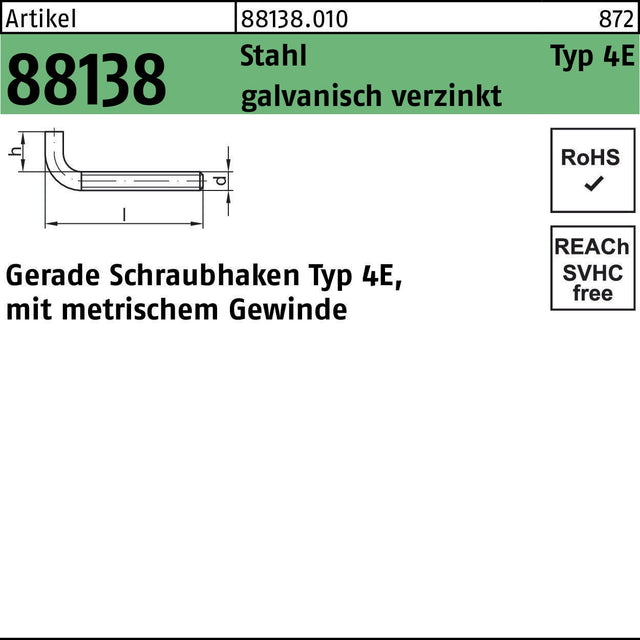 REYHER Schraubhaken R 88138 Typ 4E gerade M4x40x10 Stahl verzinkt 100 Stück