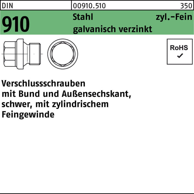Verschlussschraube DIN 910 mit Bund und Außensechskant M10x1 Stahl verzinkt 100 Stück