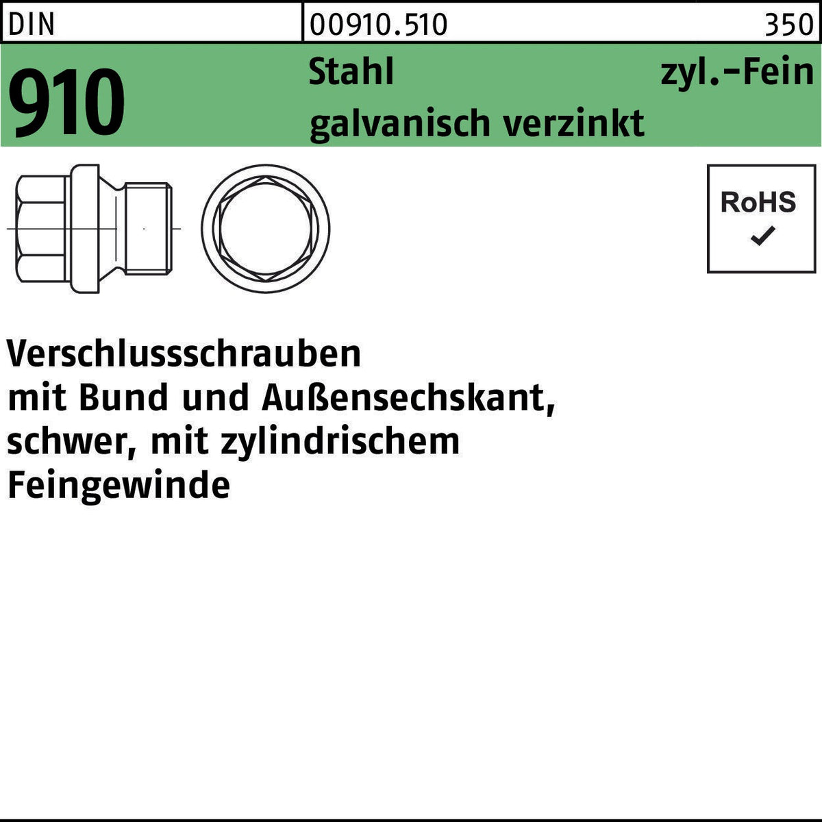 F. REYHER Verschlussschraube DIN 910 mit Bund und Außensechskant M12x1,5 Stahl verzinkt 50 Stück
