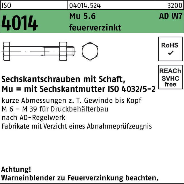 F. REYHER Sechskantschraube ISO 4014 M20x160 Mu 5.6 feuerverzinkt