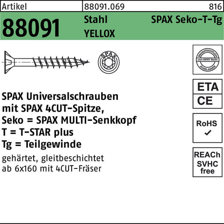 SPAX Seko-T Universalschrauben 3x12 mm T-STAR plus Senkkopf YELLOX 1000 Stück