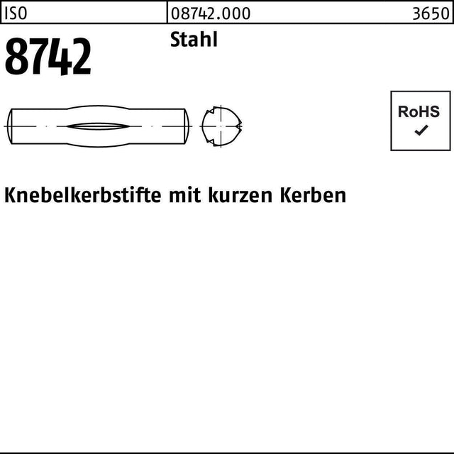 F. REYHER Knebelkerbstift ISO 8742 mit kurzen Kerben 1,5 x 8 mm Stahl 250 Stück