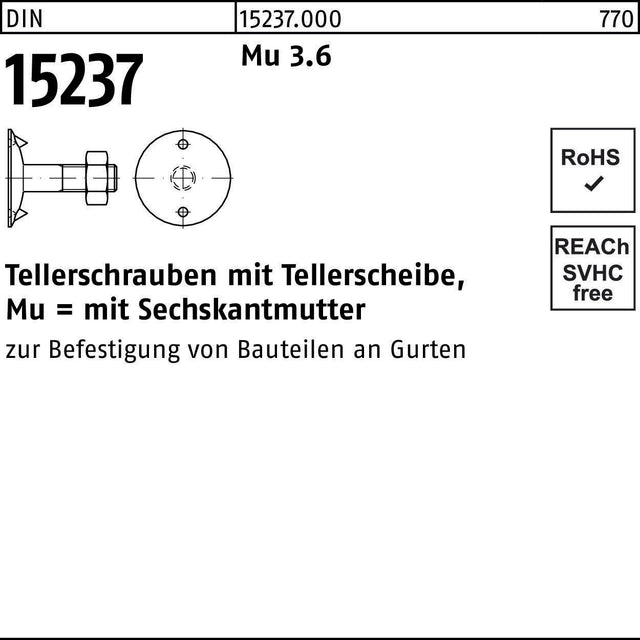 F. REYHER Tellerschraube DIN 15237 M6 x 20 mm mit Sechskantmutter