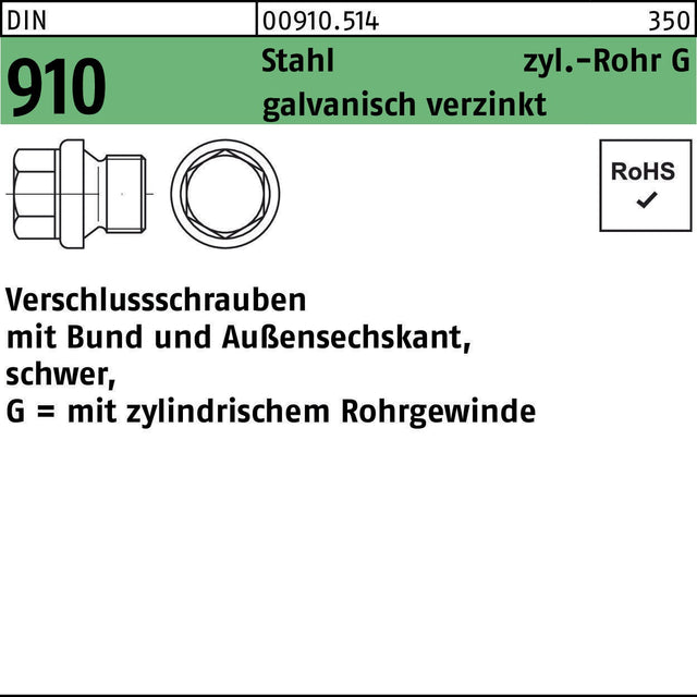 F. REYHER Verschlussschraube DIN 910 mit Bund und Außensechskant G 3/4 A Stahl verzinkt