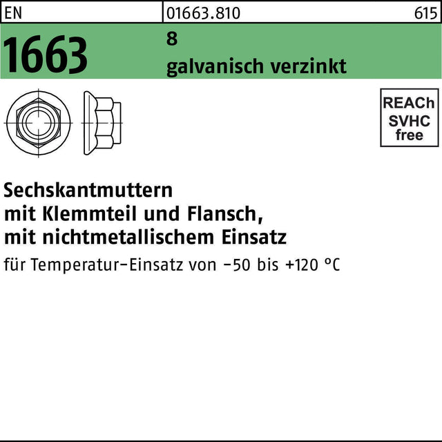 F. REYHER Sechskantmutter EN 1663 Klemmteil/Flansch M5 8 galvanisch verzinkt 100 Stück