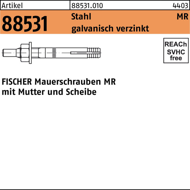FISCHER Mauerschraube MR 8x70 Stahl galvanisch verzinkt – 25 Stück