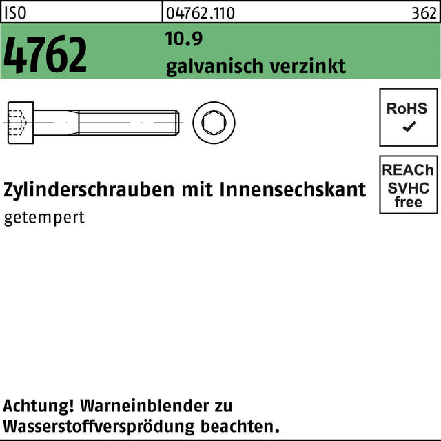 F. REYHER Zylinderschraube ISO 4762 Innensechskant M20x160 10.9 verzinkt 10 Stück