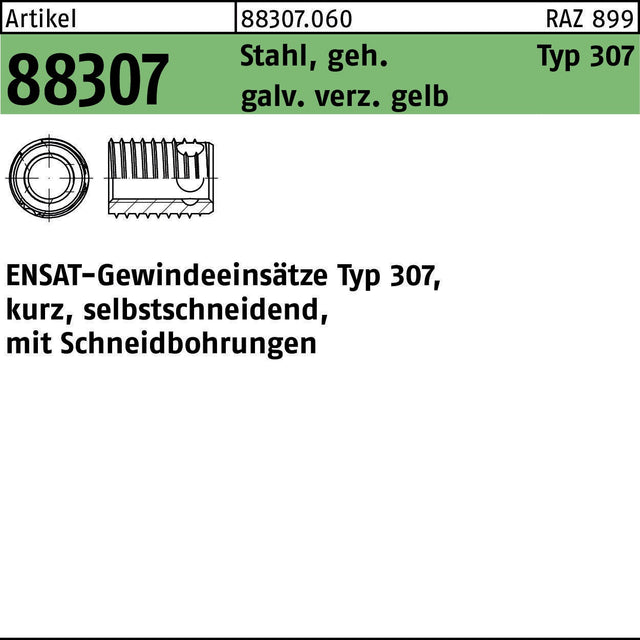 ENSAT Gewindeeinsatz Typ 307 M4x6 Stahl gehärtet gelb verzinkt 100 Stück