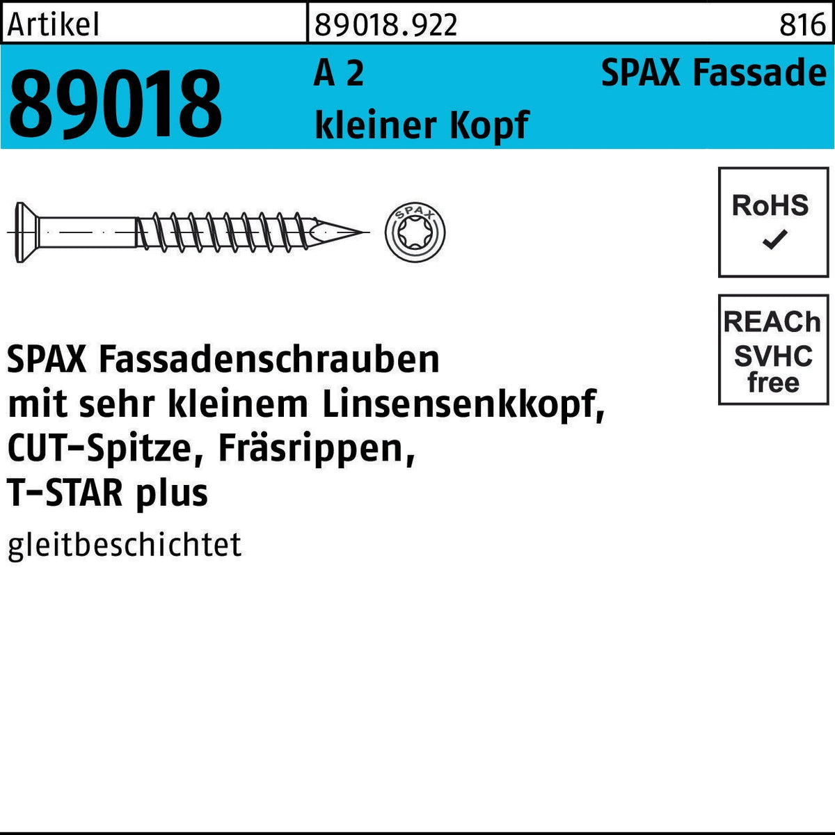 SPAX Fassadenschraube R 89018 LISEKO T-STAR 4,5x35/25-T A2