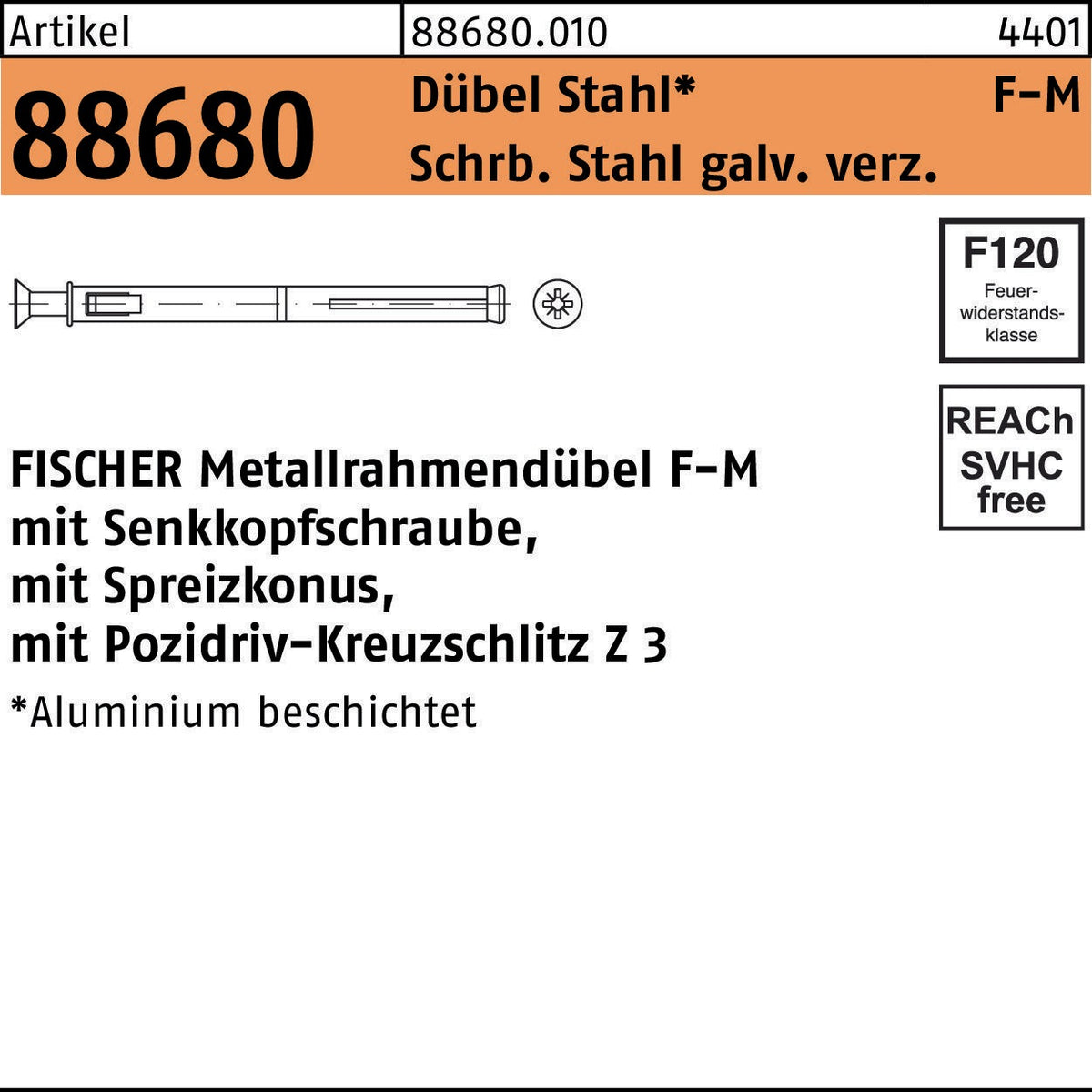fischer Metallrahmendübel F-M 10 x 72 mm mit Senkkopfschraube