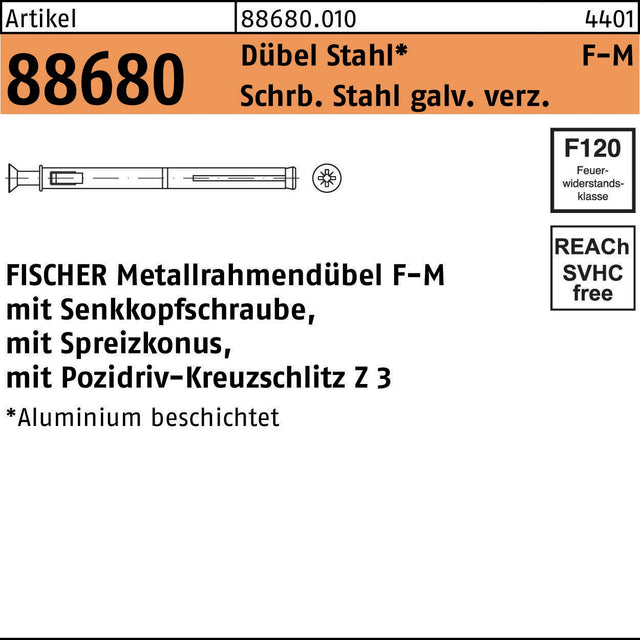 fischer Metallrahmendübel F-M 10 x 72 mm mit Senkkopfschraube