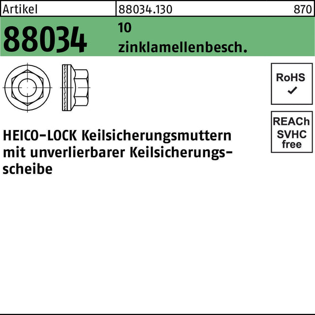 HEICO Keilsicherungsmutter R 88034 HLM-6, 100 Stück, zinklamellenbeschichtet, M6