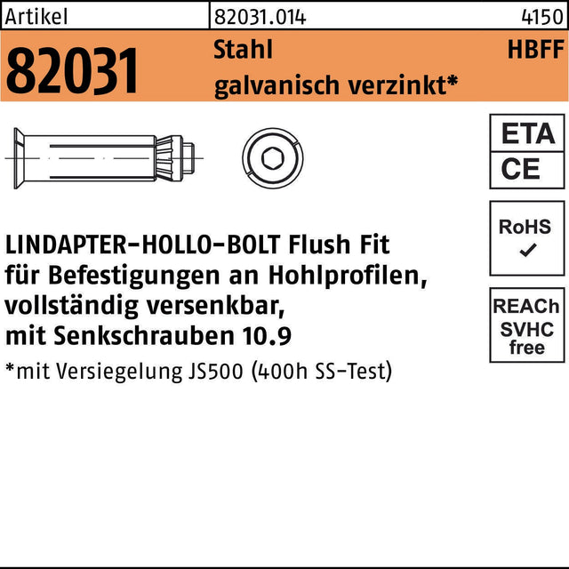 LINDAPTER Hohlraumdübel R 82031 HBFF 08-1 – Vollständig versenkbarer HOLLO-BOLT FlushFit für Hohlprofile