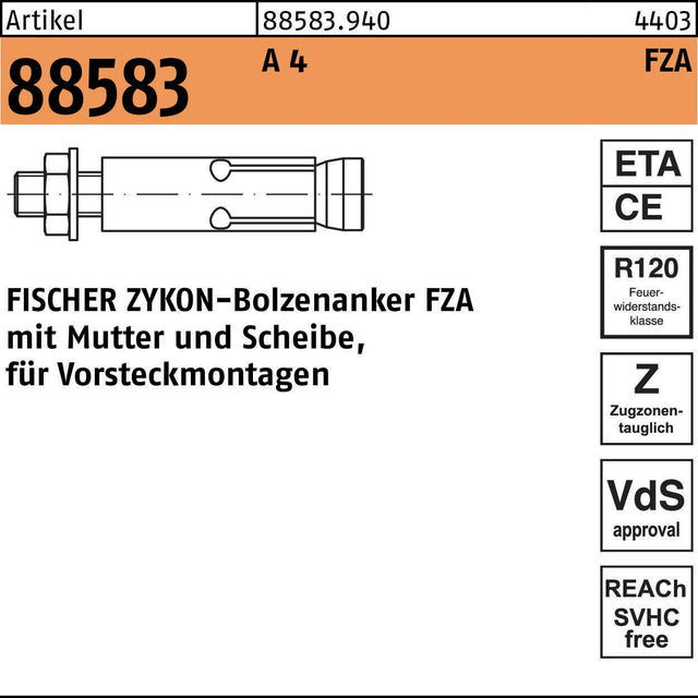 fischer ZYKON Bolzenanker FZA 12x40 M8/15 A4 – 25 Stück Schwerlastanker